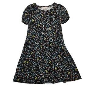 LOFT XS Black Floral‎ A-Line Dress Puff Sleeve Stretch Rayon Spandex